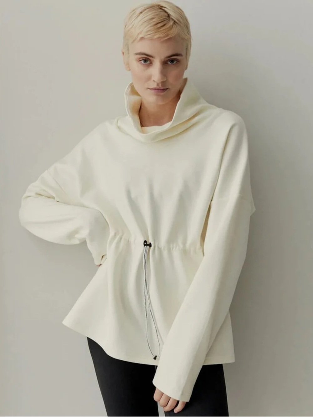 Varley Barton Sweat, Doubleface, Funnel Neck, Eggnog, Medium Drawstring Active